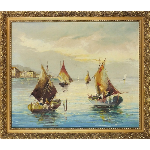 1016 - Coastal scenes with boats on water, pair of oil on canvasses, mounted and framed, each 60cm x 49.5cm... 