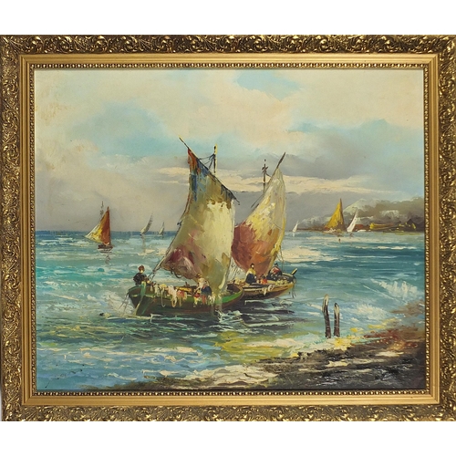 1016 - Coastal scenes with boats on water, pair of oil on canvasses, mounted and framed, each 60cm x 49.5cm... 