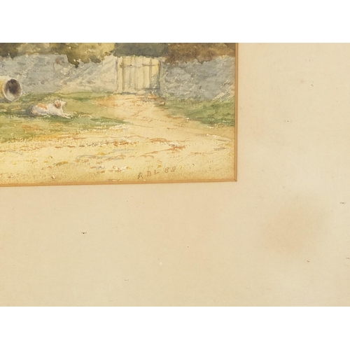 1048 - Village scene with cottages, late 19th century watercolour, monogrammed R B L, mounted, framed and g... 