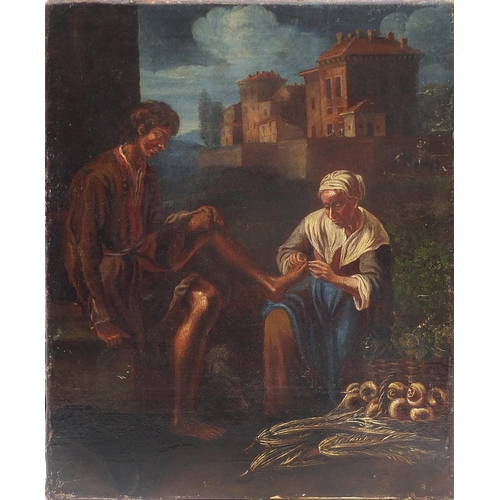 1043 - Two figures before buildings, Continental oil on canvas, unframed, 45cm x 37cm