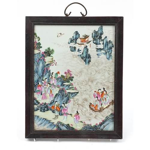 160 - Chinese porcelain panel housed in a hardwood screen, hand painted in the famille rose palette with f... 