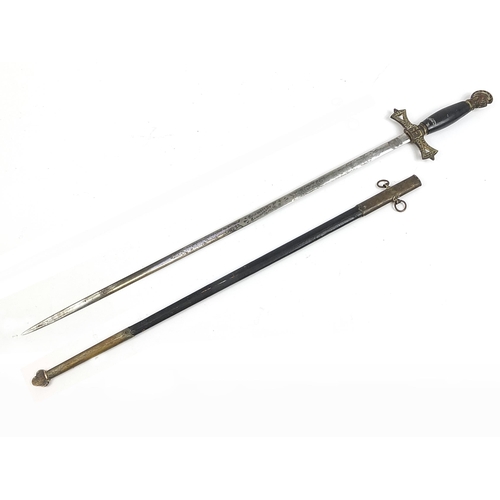 478 - Masonic ceremonial sword and scabbard with engraved steel blade, 93cm in length