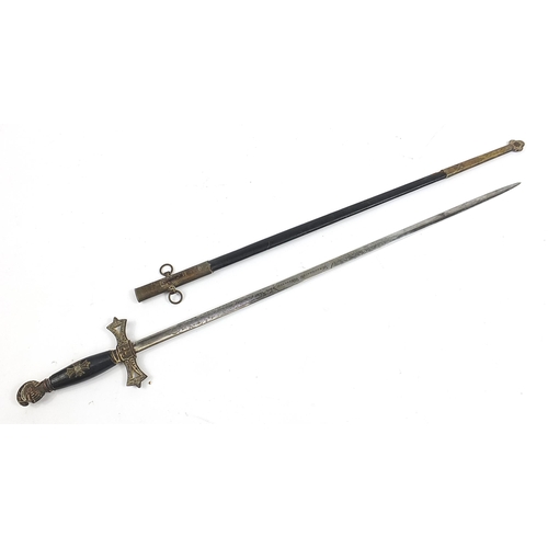 478 - Masonic ceremonial sword and scabbard with engraved steel blade, 93cm in length