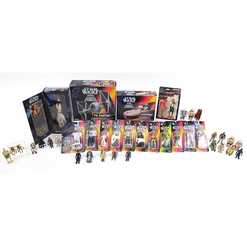 604 - 1970's and later Star Wars figures and vehicles, some in sealed blister packs including Tie Fighter,... 