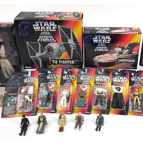 604 - 1970's and later Star Wars figures and vehicles, some in sealed blister packs including Tie Fighter,... 