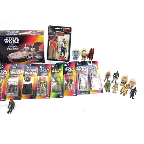 604 - 1970's and later Star Wars figures and vehicles, some in sealed blister packs including Tie Fighter,... 