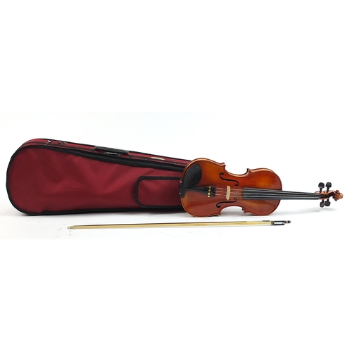 499 - The Arcadia violin by Stentor with bow and protective case, the back 37cm in length