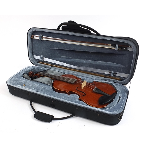 498 - The Elysia violin by Stentor with bow and protective carry case, the back 42cm in length