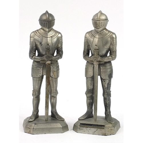 501 - Two novelty spelter knight in armour design table lighters, 24cm high