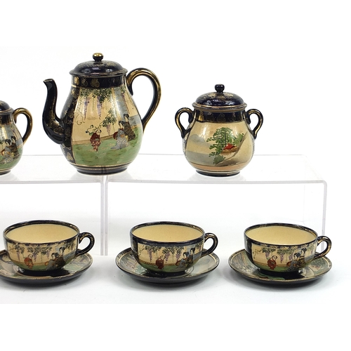 567 - Japanese Satsuma part tea service including teapot, sugar bowl and milk jug, the teapot 16cm high