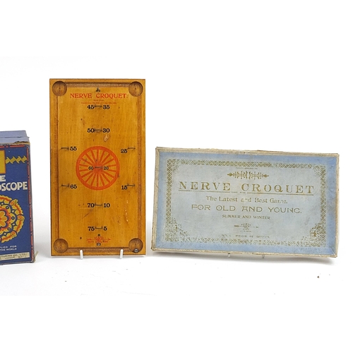 614 - Victorian Designoscope, wire puzzles and Nerve croquet, all with boxes