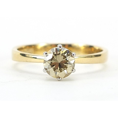 636 - 18ct gold Champagne diamond solitaire ring, approximately 0.50 carat, size L, 2.4g