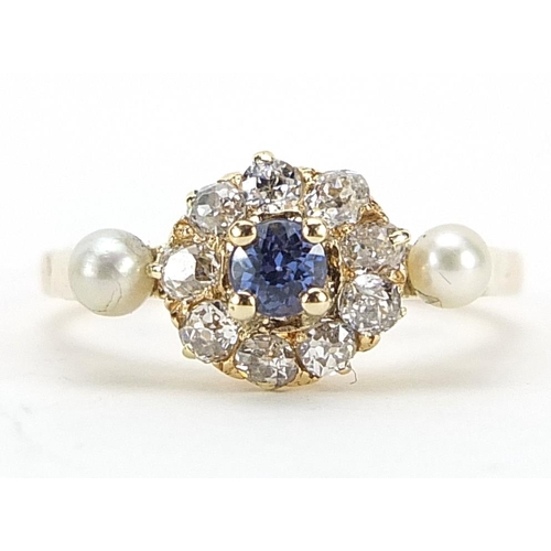 649 - 18ct gold diamond, sapphire and pearl ring, size K/L, 2.9g