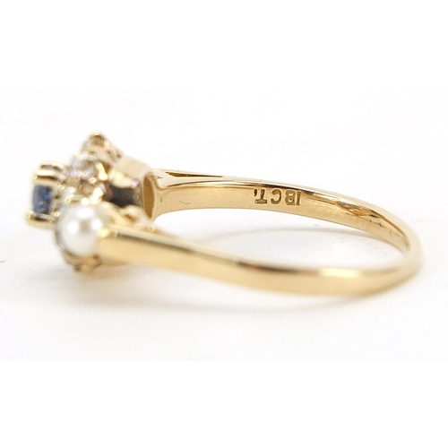 649 - 18ct gold diamond, sapphire and pearl ring, size K/L, 2.9g