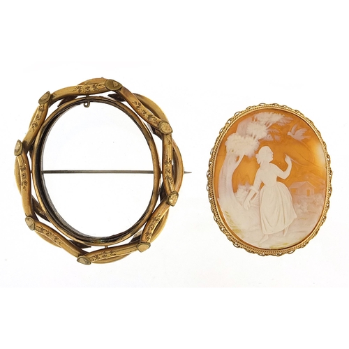 647A - 9ct gold mounted cameo brooch depicting a maiden with a bird under a tree and a large gilt metal bro... 