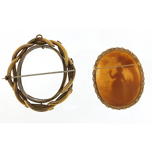 647A - 9ct gold mounted cameo brooch depicting a maiden with a bird under a tree and a large gilt metal bro... 