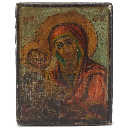 271 - Two Antique Russian wooden Orthodox icons including one hand painted with Madonna and child, 16cm x ... 