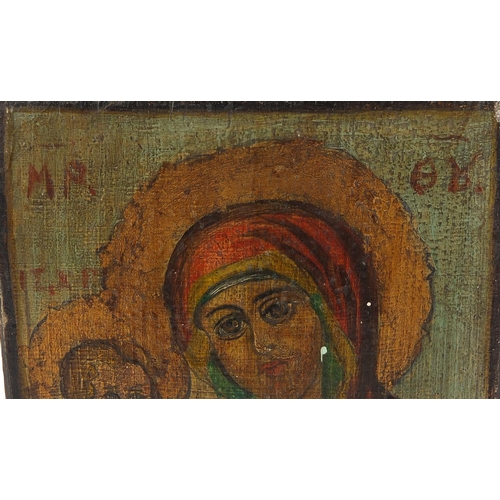 271 - Two Antique Russian wooden Orthodox icons including one hand painted with Madonna and child, 16cm x ... 