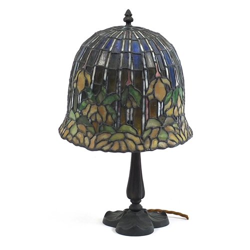 132 - Good quality patinated bronze lily pad design table lamp with Tiffany design leaded shade, 43.5cm hi... 