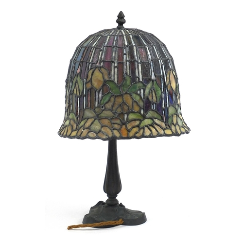 132 - Good quality patinated bronze lily pad design table lamp with Tiffany design leaded shade, 43.5cm hi... 