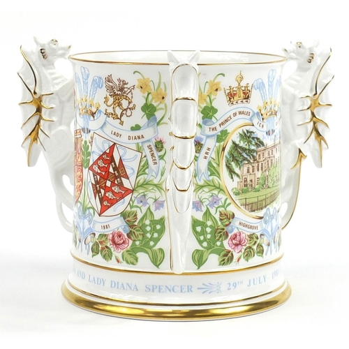 571 - Caverswall porcelain tyg loving cup with box and receipt for £388.00, commemorating the marriage of ... 