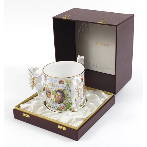 571 - Caverswall porcelain tyg loving cup with box and receipt for £388.00, commemorating the marriage of ... 