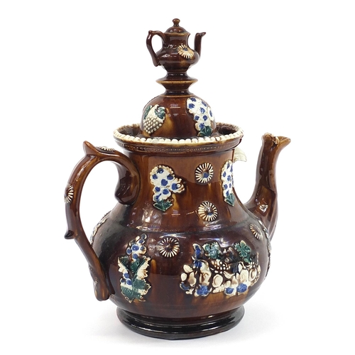 187 - Large Measham treacle glazed Bargeware teapot inscribed J Johnson Burton on Trent 1892, 33cm high