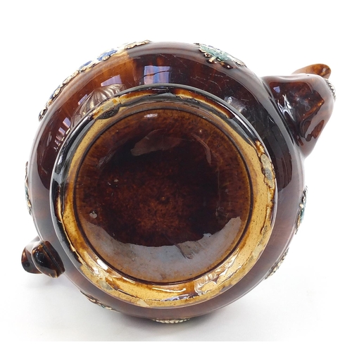 187 - Large Measham treacle glazed Bargeware teapot inscribed J Johnson Burton on Trent 1892, 33cm high