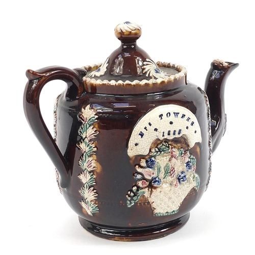 189 - Measham treacle glazed Bargeware teapot inscribed Mrs Towers 1885, 17cm high