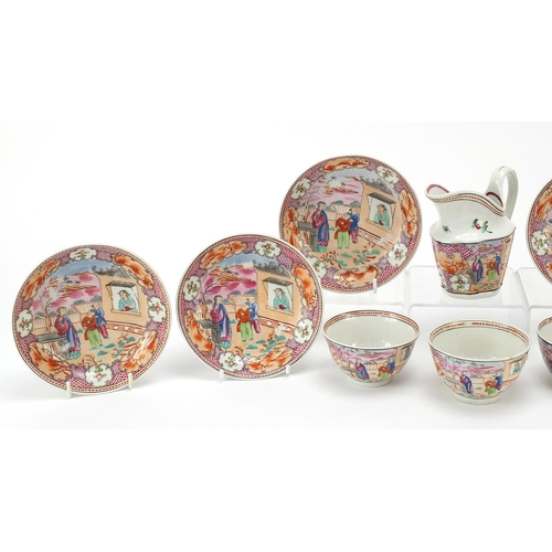 84 - 18th century Newhall teaware including a milk jug and saucers hand painted in the chinoiserie manner... 