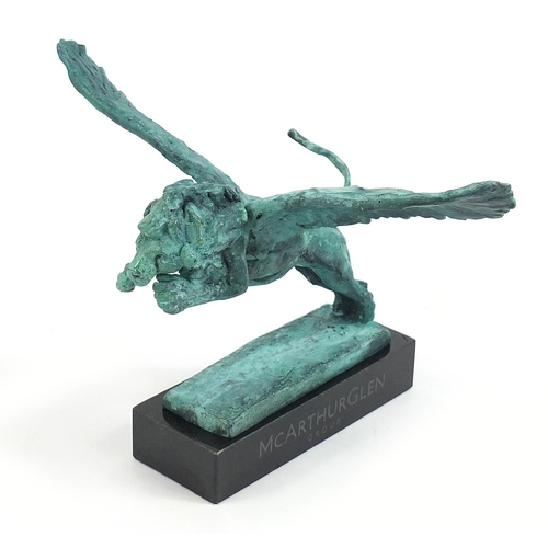 460 - Mark Coreth for McArthur Glen group Verdigris bronze study of a winged lion raised on a rectangular ... 