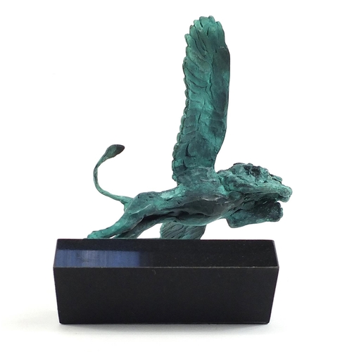 460 - Mark Coreth for McArthur Glen group Verdigris bronze study of a winged lion raised on a rectangular ... 