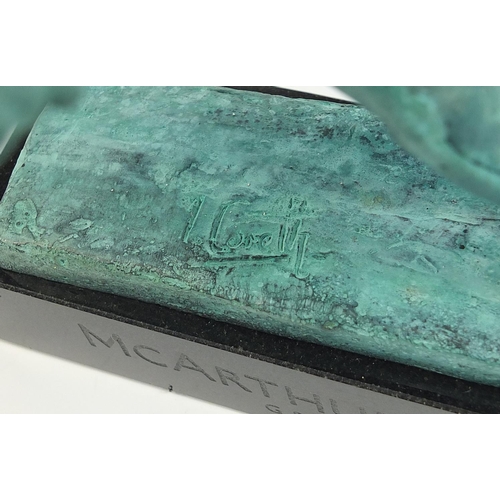 460 - Mark Coreth for McArthur Glen group Verdigris bronze study of a winged lion raised on a rectangular ... 