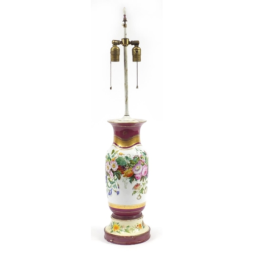 185 - 19th century porcelain vase table lamp hand painted and gilded with flowers, 88cm high