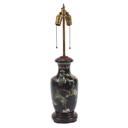 489 - Chinese cloisonne vase table lamp with hardwood stand, 67cm high