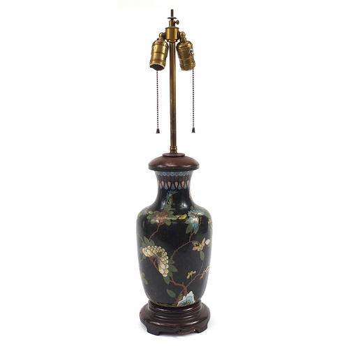 489 - Chinese cloisonne vase table lamp with hardwood stand, 67cm high