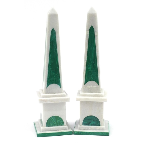 419 - Pair of white marble and malachite obelisks, 42cm high