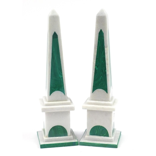 419 - Pair of white marble and malachite obelisks, 42cm high