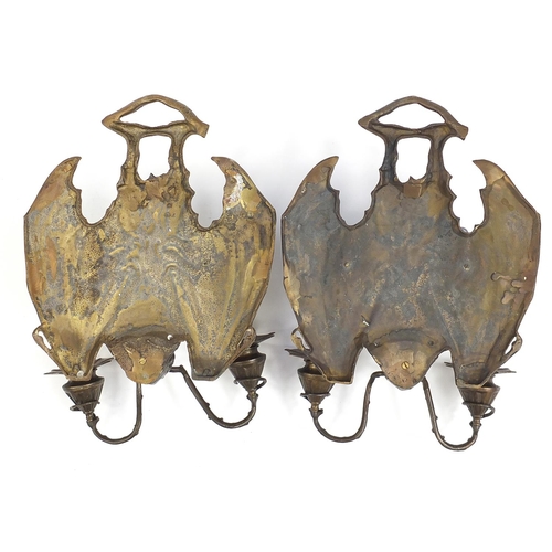 325 - Pair of Art Nouveau style patinated bronze bat design wall sconces, 36cm high