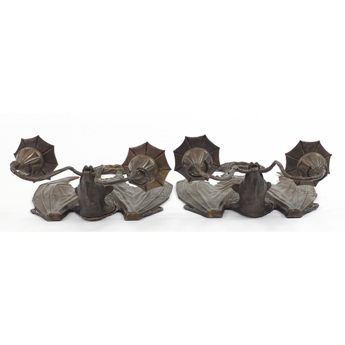 325 - Pair of Art Nouveau style patinated bronze bat design wall sconces, 36cm high