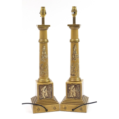 224 - Pair of Regency style table lamps hand painted in the chinoiserie manner with figures, 59cm high