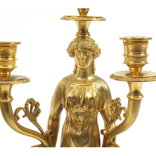 215 - Large pair of French Empire style gilt bronze figural three branch candelabras raised on square marb... 