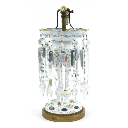 247 - White overlaid glass lustre table lamp with cut glass drops, 45cm high