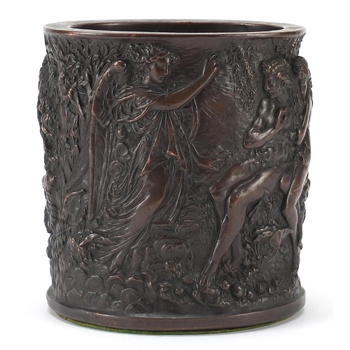 275 - Classical patinated bronze vase decorated in relief with figures, 14cm high