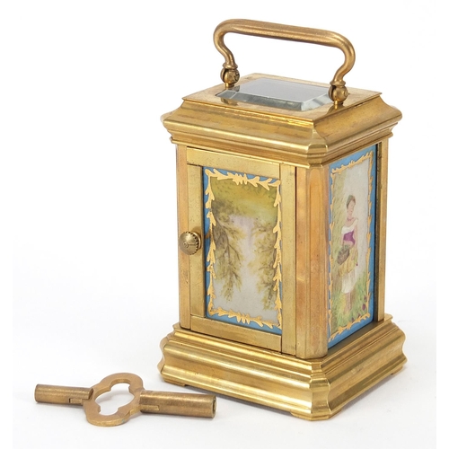 334 - Miniature brass cased carriage clock with Sevres style panels, 8cm high