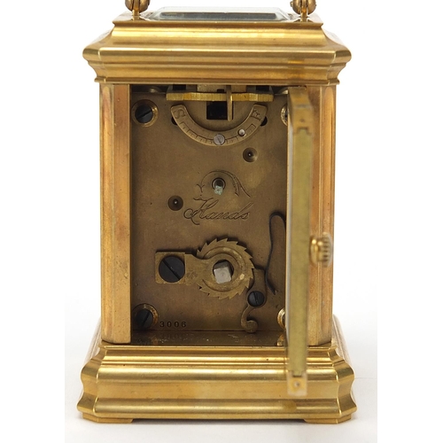 334 - Miniature brass cased carriage clock with Sevres style panels, 8cm high