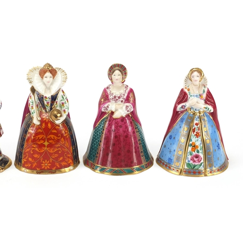 586 - Seven Royal Worcester Connoisseur Collection candle snuffers in the form of Henry VIII and his six w... 