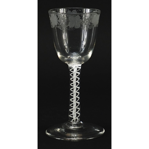 90 - 18th century wine glass with opaque twist stem and etched bowl, 15cm high