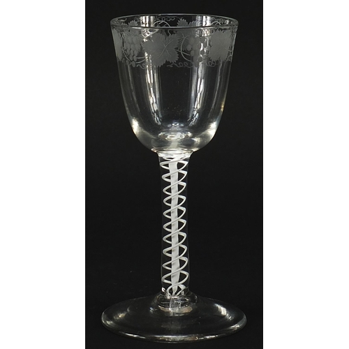 90 - 18th century wine glass with opaque twist stem and etched bowl, 15cm high