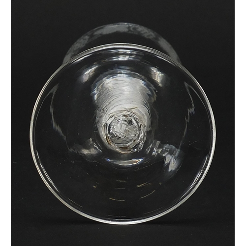 90 - 18th century wine glass with opaque twist stem and etched bowl, 15cm high